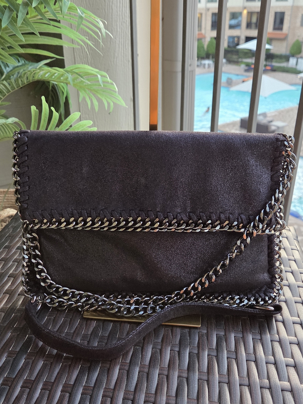 Black Chain-Trim Women's Fold-Over Shoulder Bag